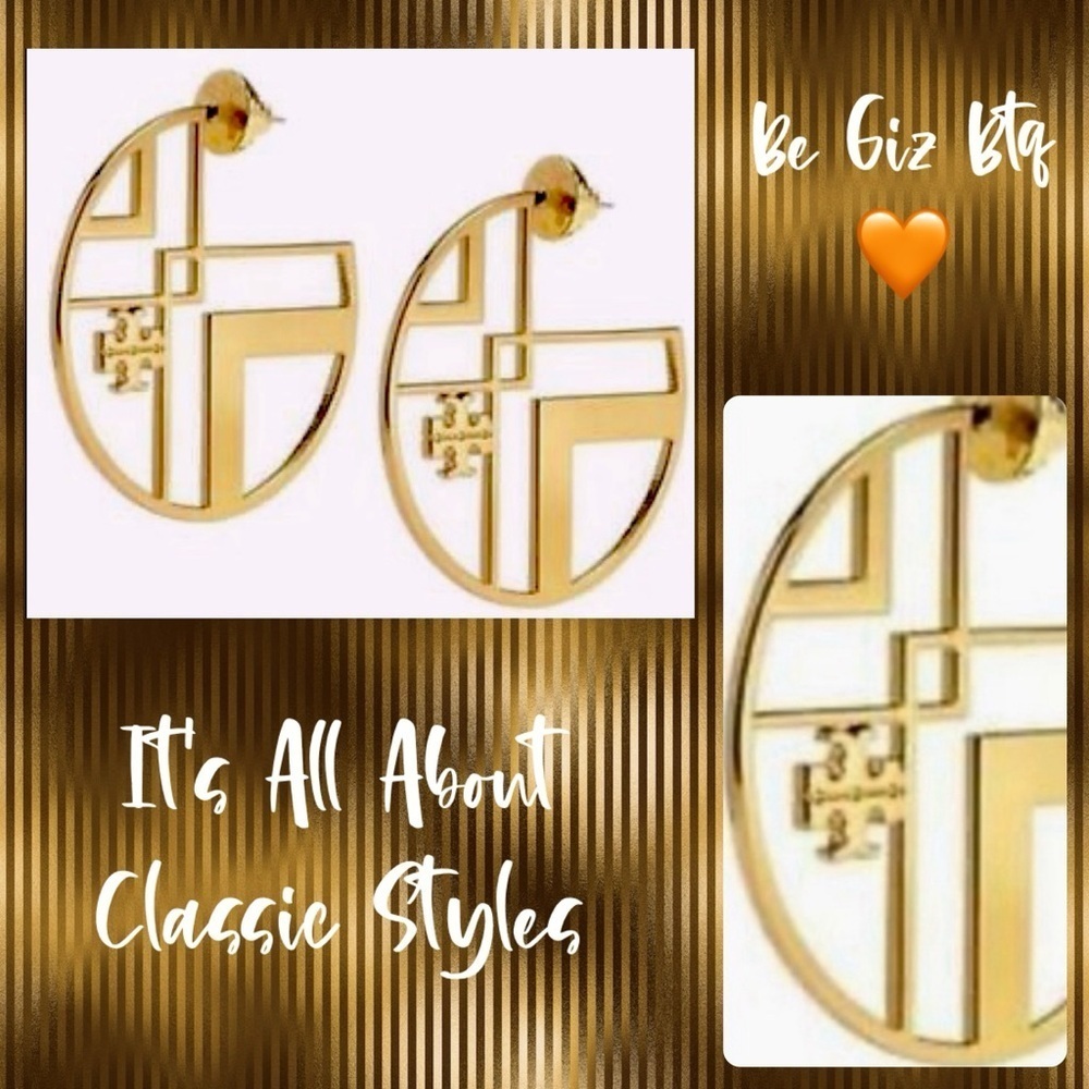 Tory Burch Authentic Chevron Cutout Hoop Earrings With Logo
